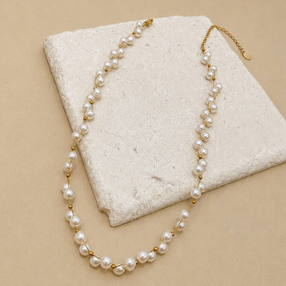 Faux Baroque Pearl & Gold Wire Station Necklace | 40NK9791: GOLD