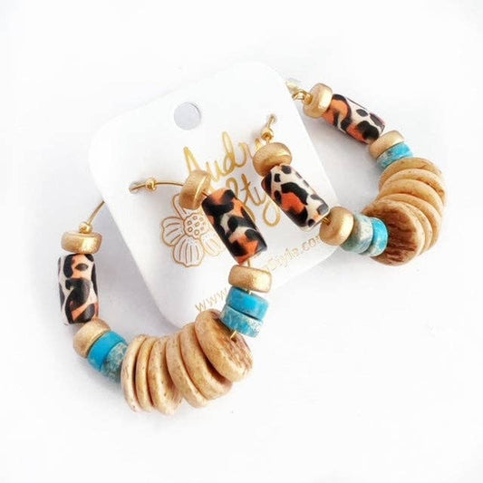 Western Beaded Hoop Earring - Leopard Turquoise