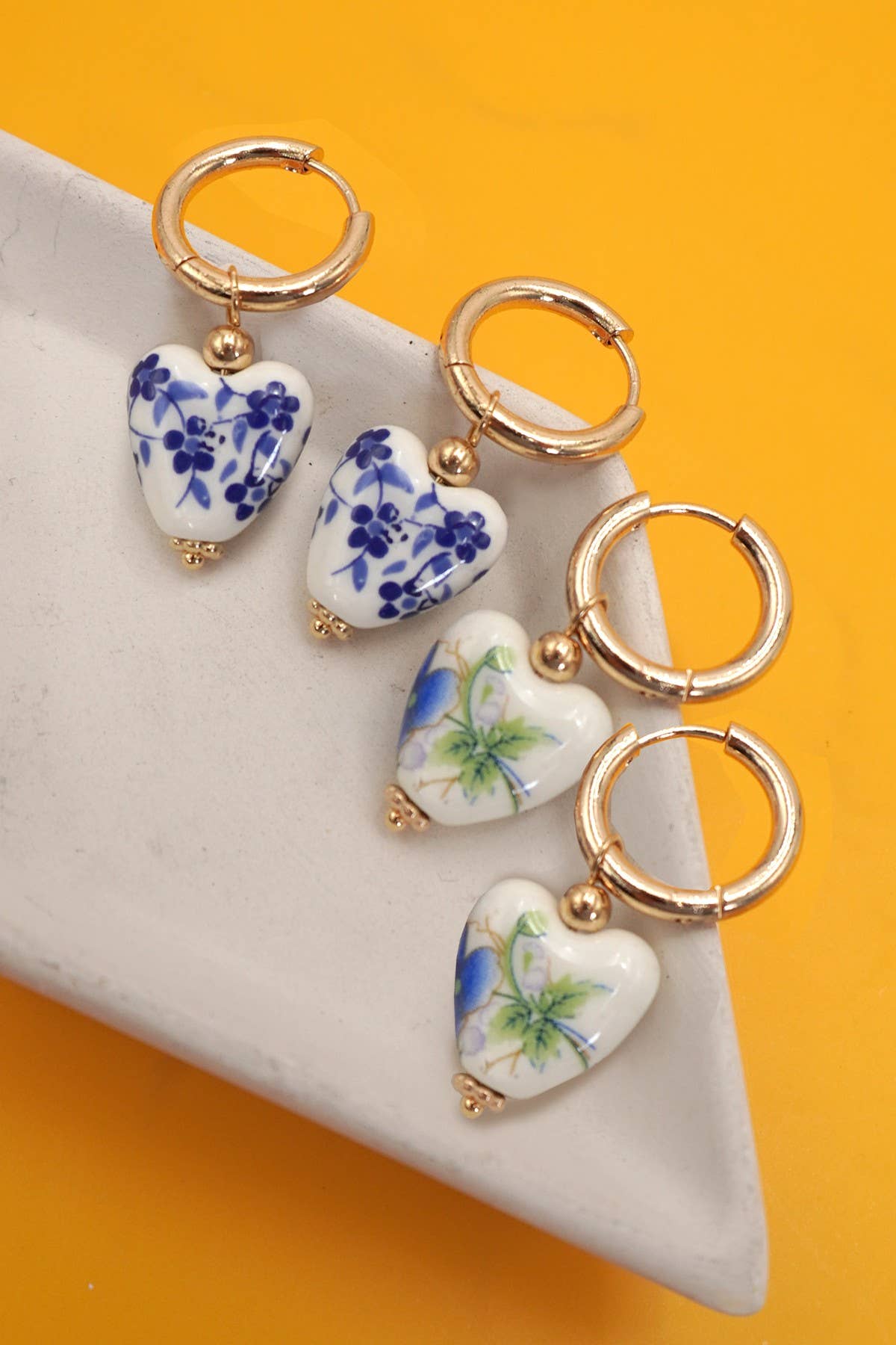 BLUE CERAMIC PORCELAIN  GOLD PEARL DROP EARRINGS | 40E391: A