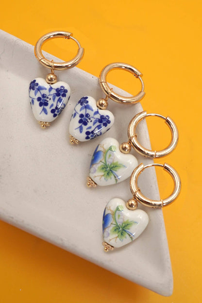 BLUE CERAMIC PORCELAIN  GOLD PEARL DROP EARRINGS | 40E391: A