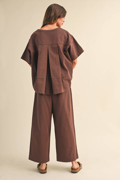 BROWN RELAXED FIT TOP AND WIDE LEG CROPPED PANTS SET