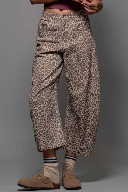 Leopard Print Stitch Detail Barrel Jeans