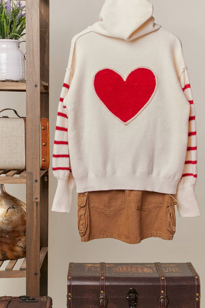 Heart Striped Sweater with Hoodie