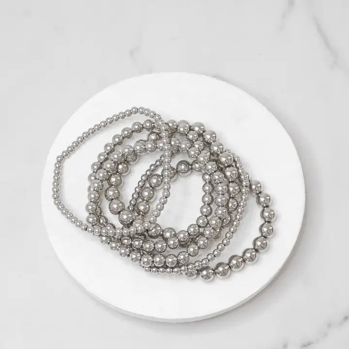 Multi Size Ball Beaded Bracelet Stack Silver Tone Bracelets