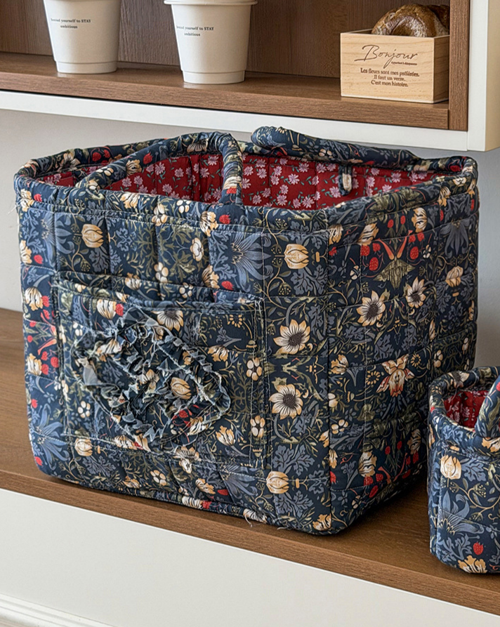 Navy Quilted Storage Basket Boho Organizer Tote