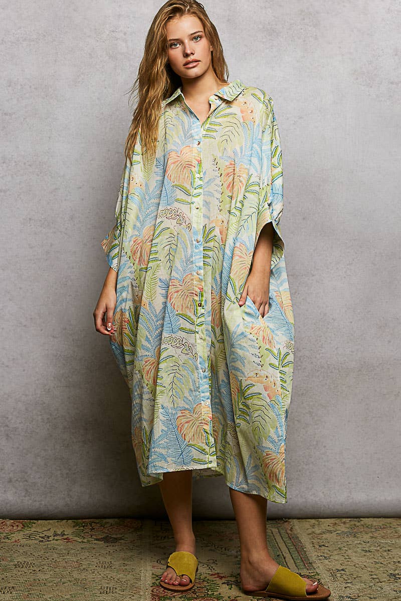 GREEN SKY MULTI V-Neck Half Sleeve Floral Bold Printed Shirt Dress