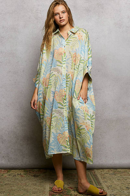 GREEN SKY MULTI V-Neck Half Sleeve Floral Bold Printed Shirt Dress