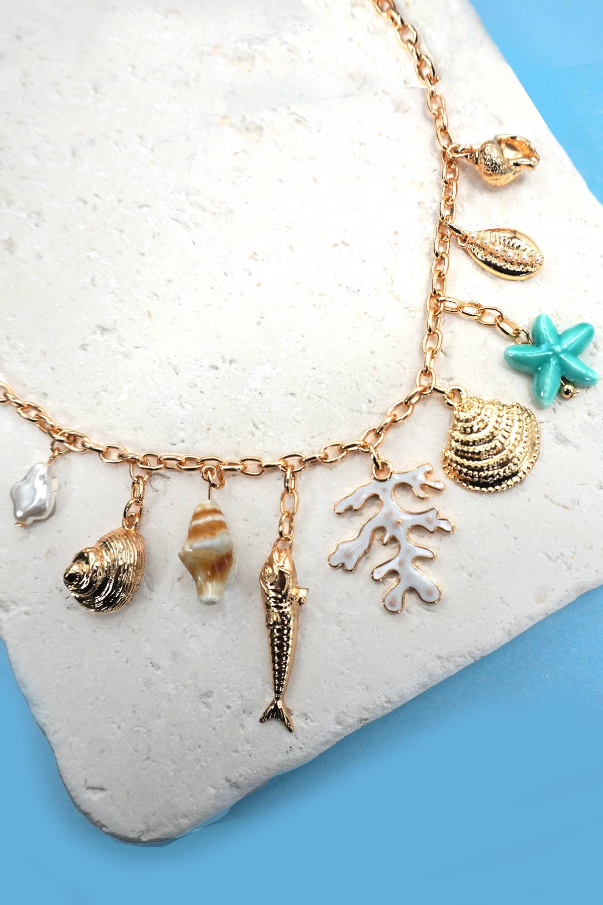 CHARM NECKLACE-FISH PUKA SEASHELL STAR FISH | 80N91680: Gold