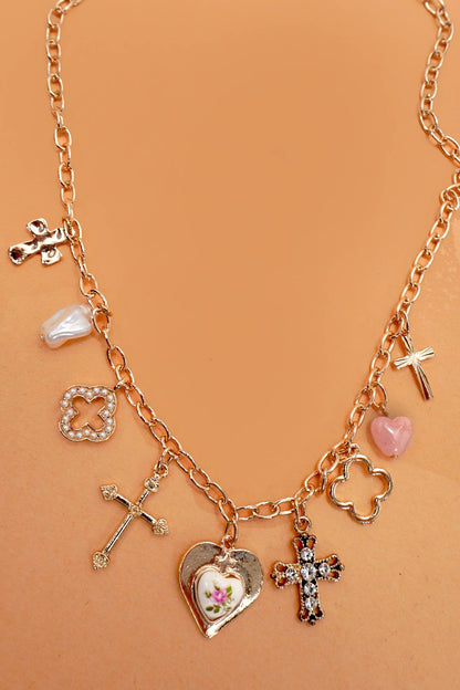 CHARM NECKLACE-CLOVER CROSS PORCELAIN FLOWER | 80N92003: GOLD