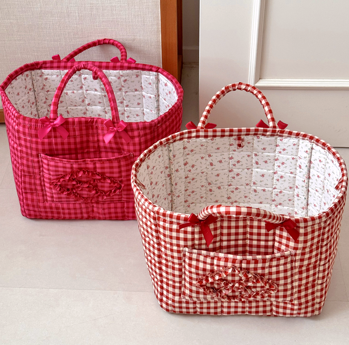 Rose Red Gingham Laundry Basket Foldable Quilted Storage Basket