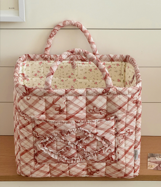 Red Quilted Storage Basket Boho Organizer Tote