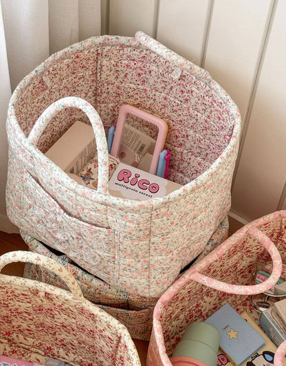 Blue Quilted Floral Laundry Basket Boho Storage Basket