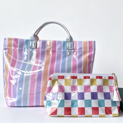 Colorful Color Block Striped Tote Bag Snap Waterproof Beach Bag Set