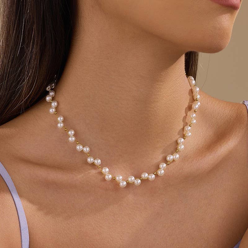 Faux Baroque Pearl & Gold Wire Station Necklace | 40NK9791: GOLD