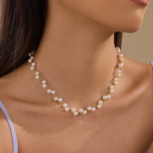 Faux Baroque Pearl & Gold Wire Station Necklace | 40NK9791: GOLD