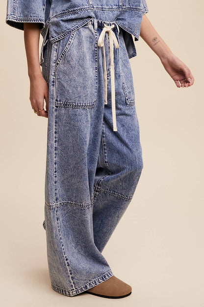 Wide-Leg Denim Drawstring Pants