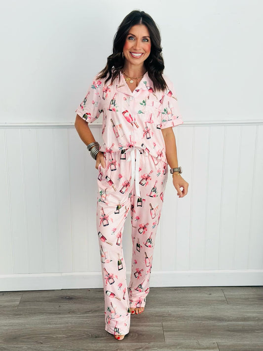 Pink Champagne Button Down Pant PJ Set