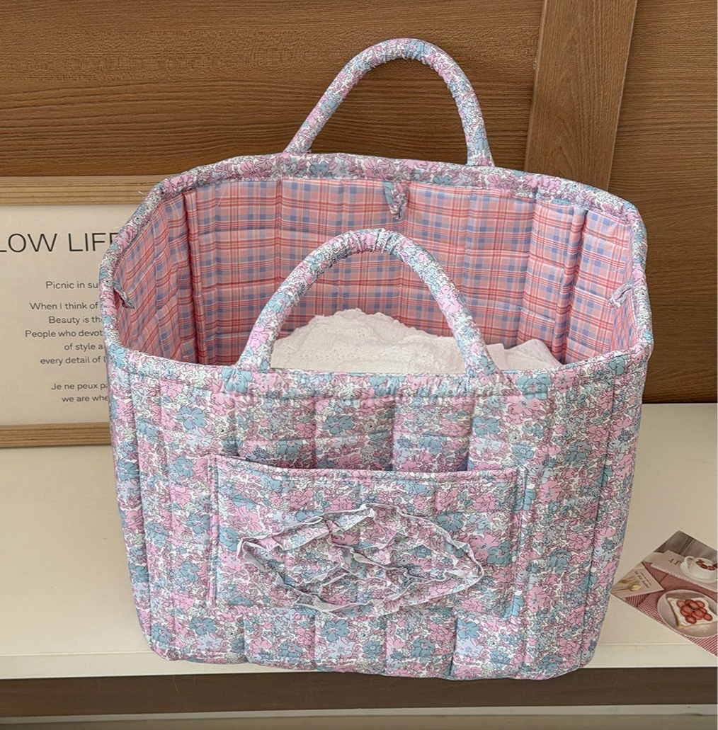 Pink Quilted Storage Basket Boho Organizer Tote