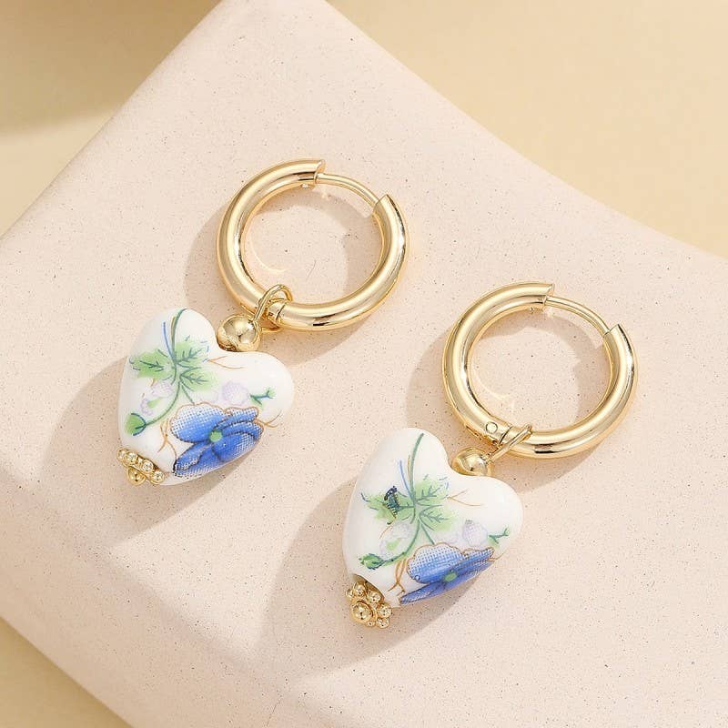 BLUE CERAMIC PORCELAIN  GOLD PEARL DROP EARRINGS | 40E391: A