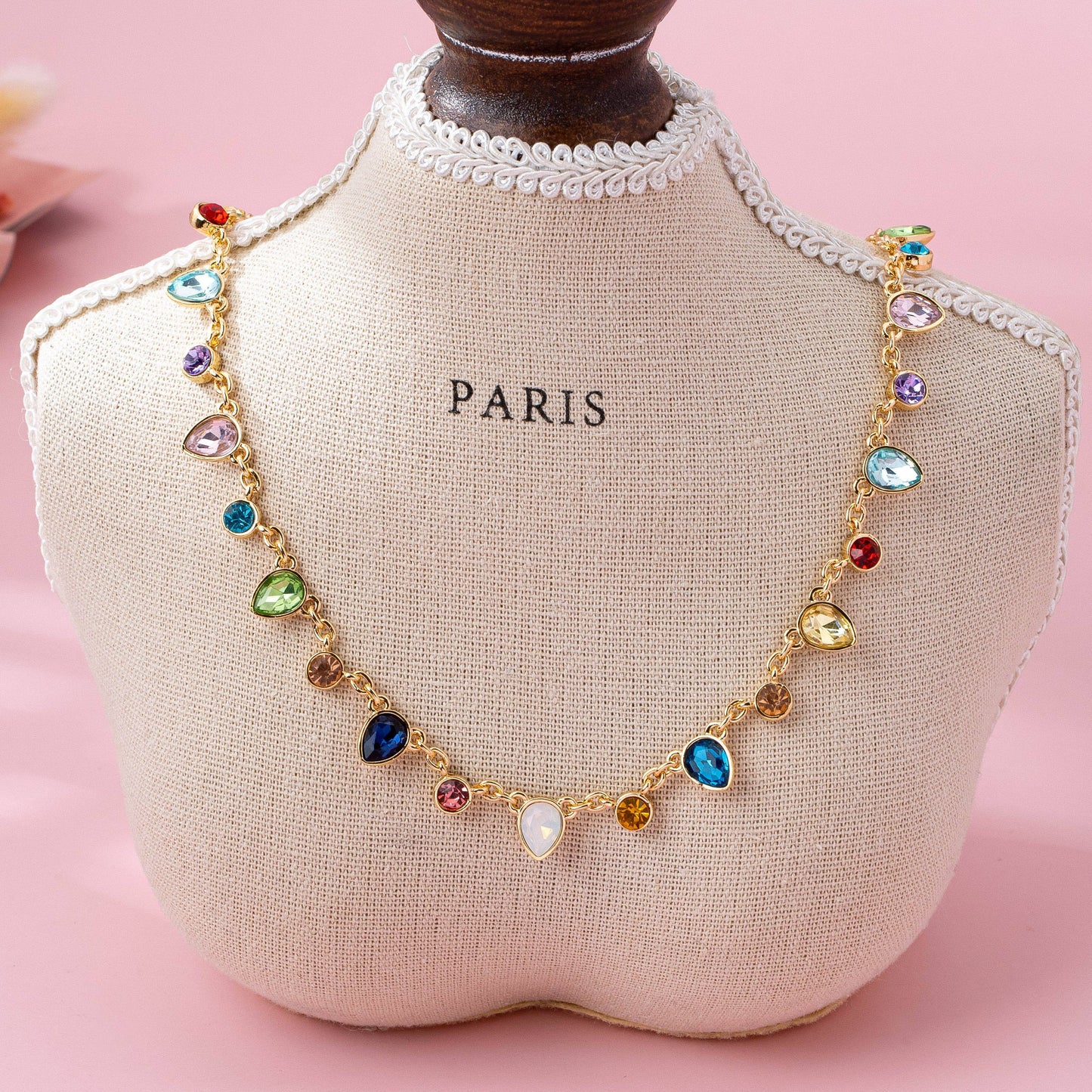 Rainbow Teardrop Gemstone Charm Necklace | 80N92832: Gold