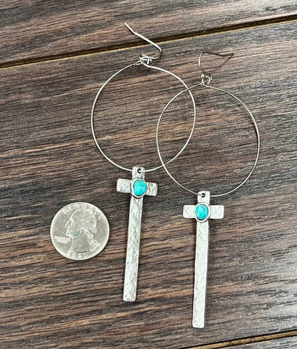 Cross Turquoise Hoop Earrings