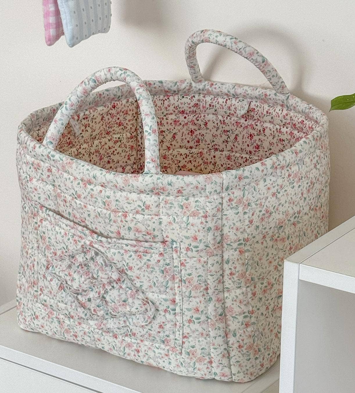 Pink Quilted Floral Laundry Basket Boho Storage basket