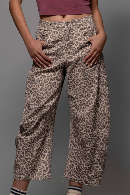 Leopard Print Stitch Detail Barrel Jeans