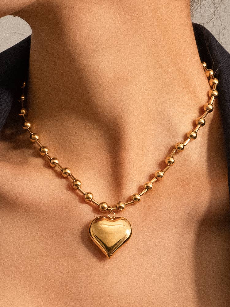 Paris 18K Gold Non-Tarnish Large Heart Chain Necklace: Silver / Ball Chain