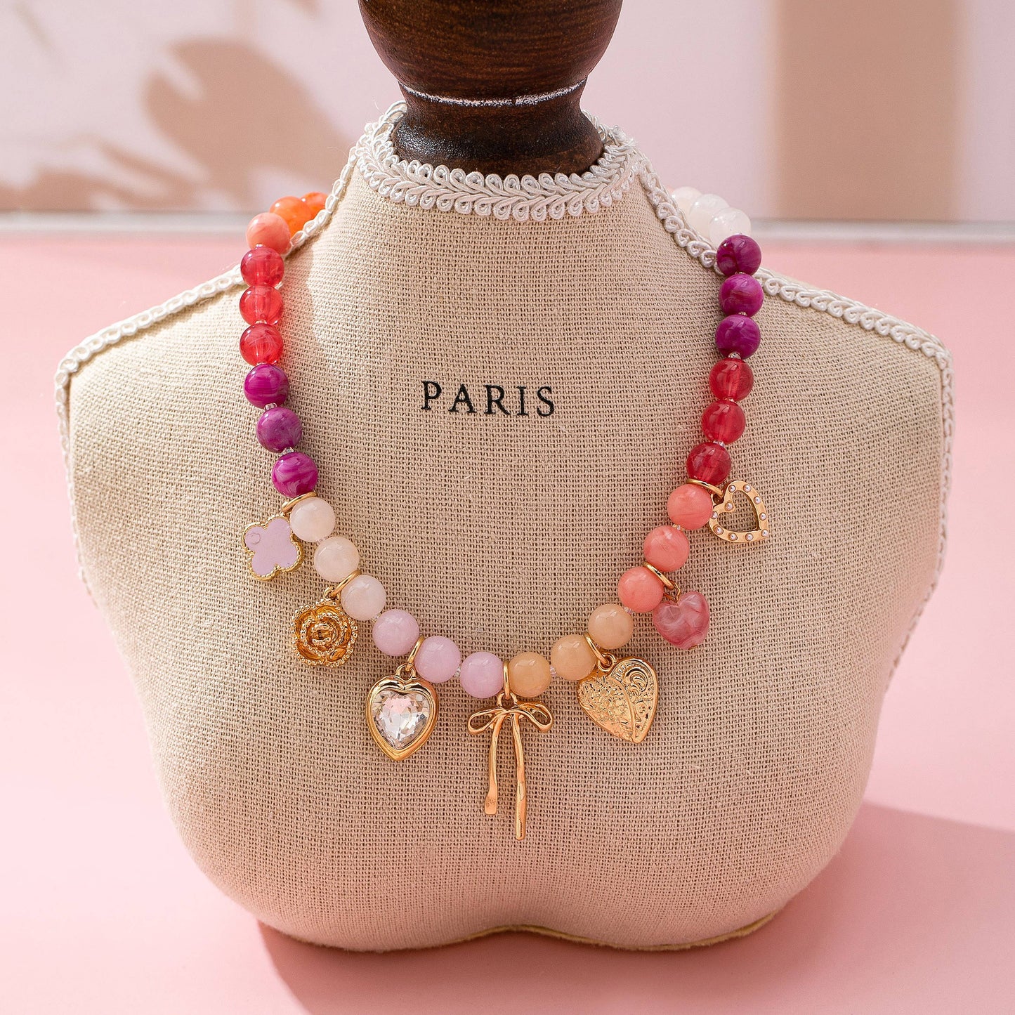 Pastel Beaded Bow Heart Flower Charm Necklace | 80N92704: GOLD