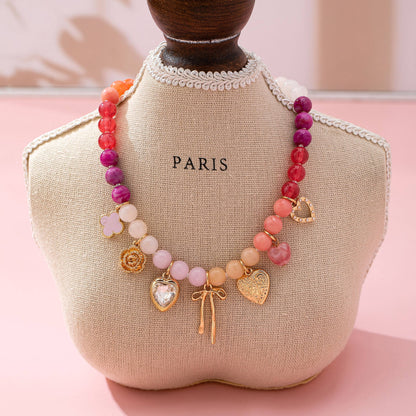 Pastel Beaded Bow Heart Flower Charm Necklace | 80N92704: GOLD