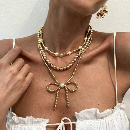Josslyn Gold Multilayer Ball Chain Pearl Bow Necklace