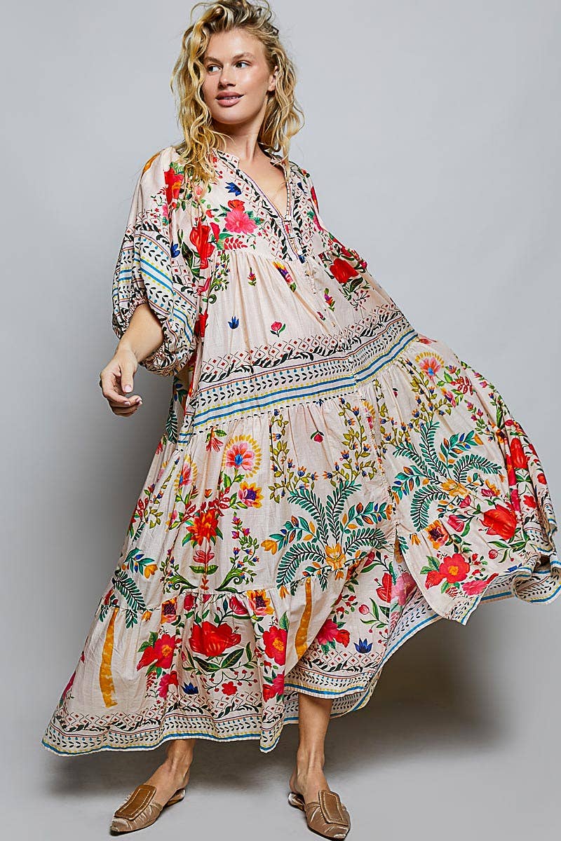 Boho Deep V-Neck Floral Balloon Sleeve Long Dress