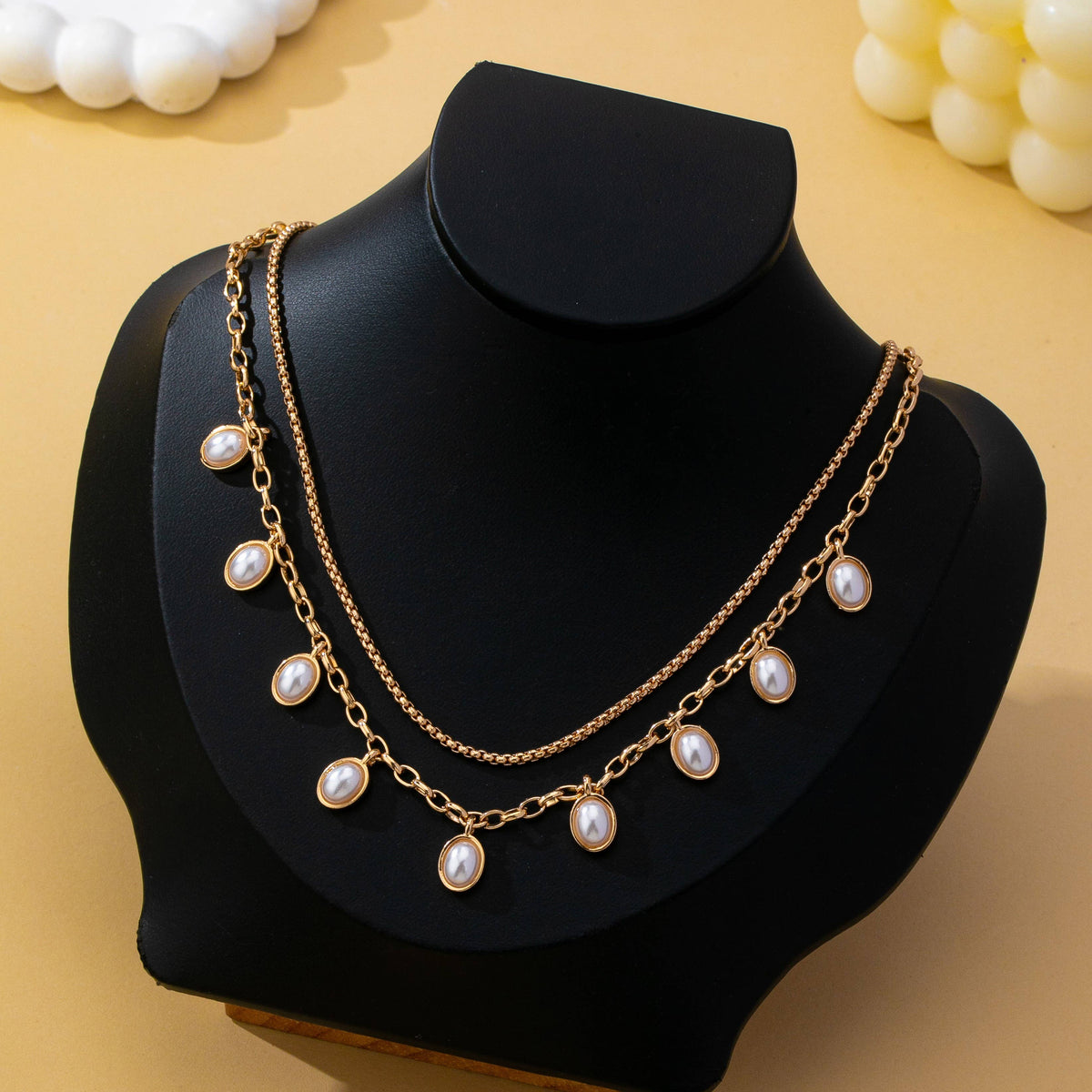 Layered Gold Chain Pearl Charm Necklace | 80N93660: GOLD