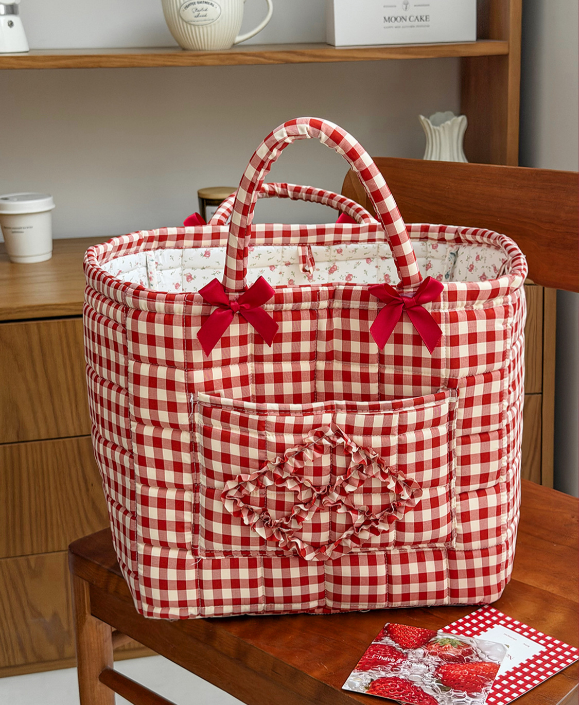 Rose Red Gingham Laundry Basket Foldable Quilted Storage Basket