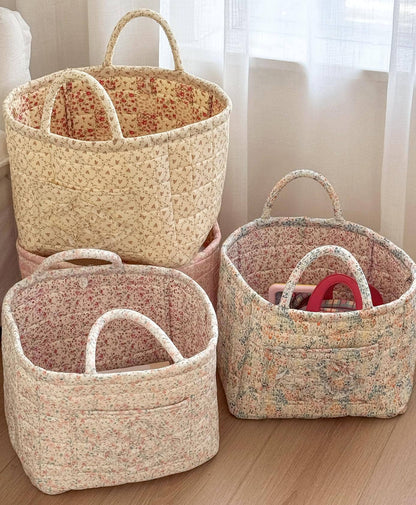 Blue Quilted Floral Laundry Basket Boho Storage Basket