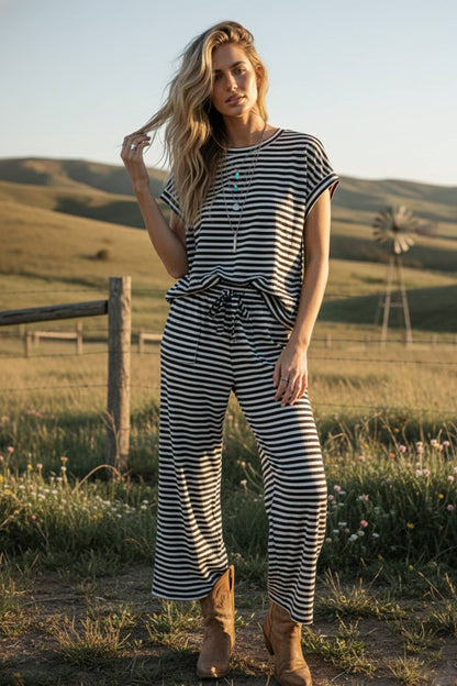 Striped Rib Top and Pants Lounge Set: BLACK/CREAM