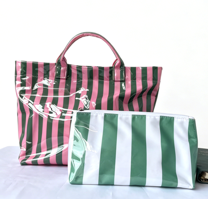 Colorful Color Block Striped Tote Bag Snap Waterproof Beach Bag Set