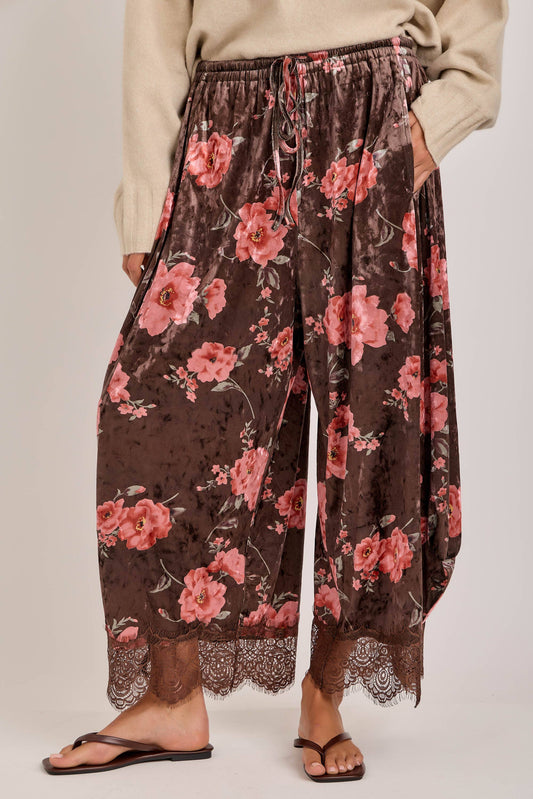 Vintage Mocha Floral Velvet Wide Balloon Leg Pants with Lace Hem