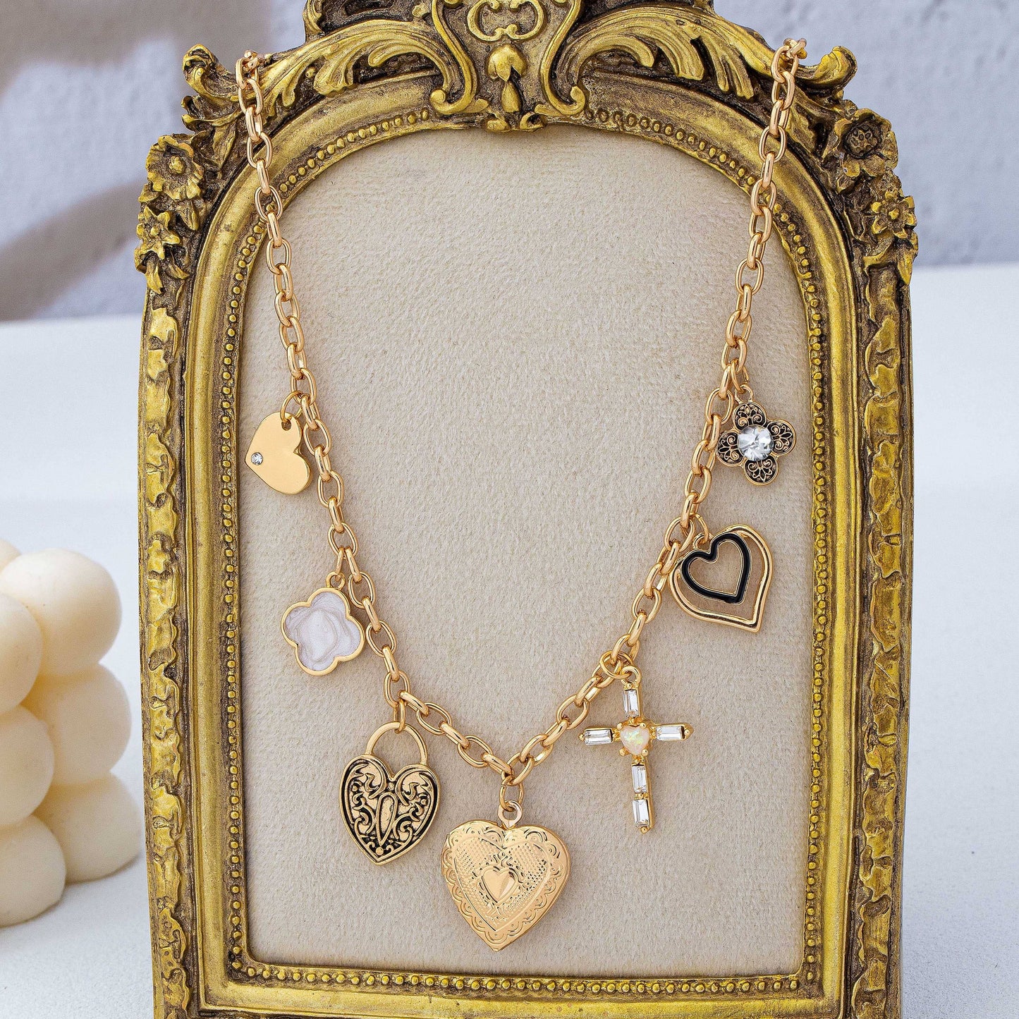 Antique Heart Locket & Cross Multi-Charm Necklace | 80N93116: Gold