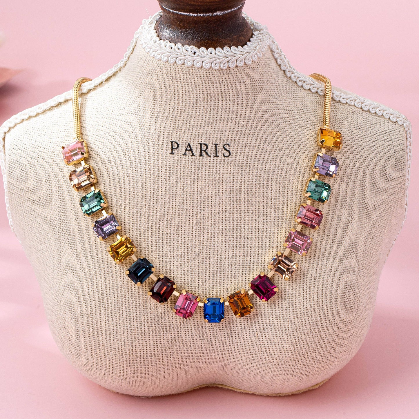 Rainbow Emerald-Cut Gemstone Statement Necklace | 80N92825: Gold