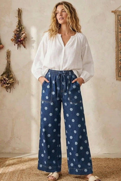 Denim Polka Dot Denim Wide Leg Pants