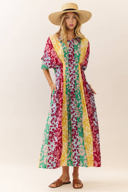 Mixed Floral Print Button-front Midi Dress: Floral Medley