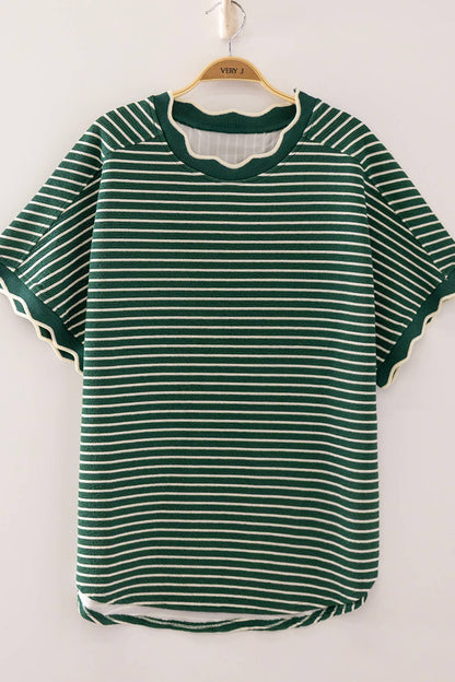 Scallop Trim Stripe Knit Top: GREEN STRIPE