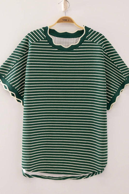 Scallop Trim Stripe Knit Top: GREEN STRIPE