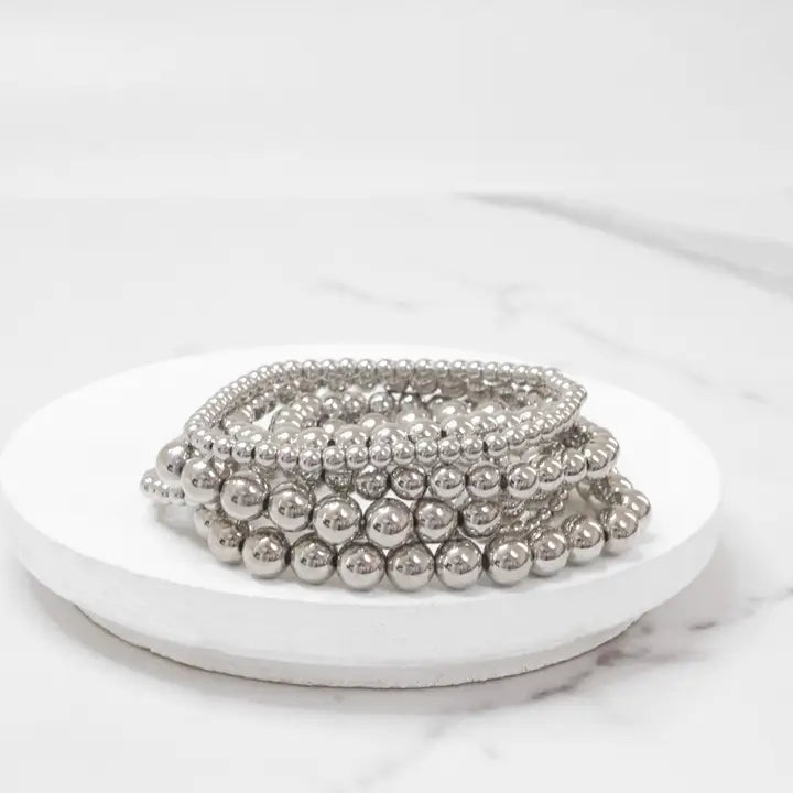 Multi Size Ball Beaded Bracelet Stack Silver Tone Bracelets