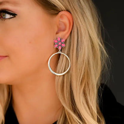 Silver Dangle Hoop Earring On Pink Flower Post