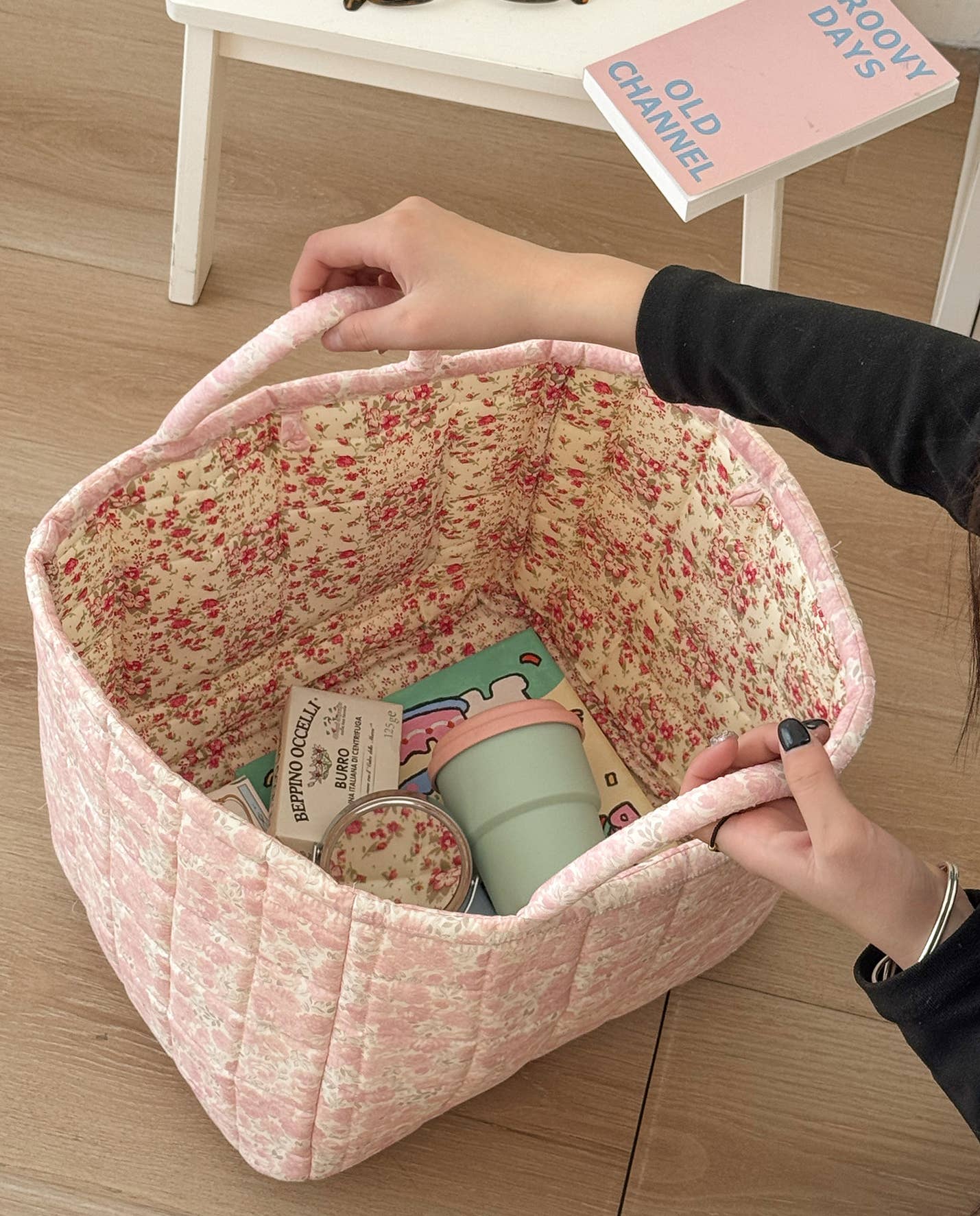 Blue Quilted Floral Laundry Basket Boho Storage Basket