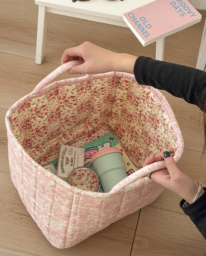 Blue Quilted Floral Laundry Basket Boho Storage Basket