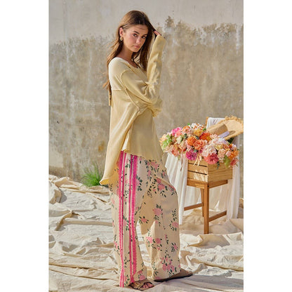 FLOWER PRINTED TWILL SIDE TRIM ELASTIC WAIST PANTS