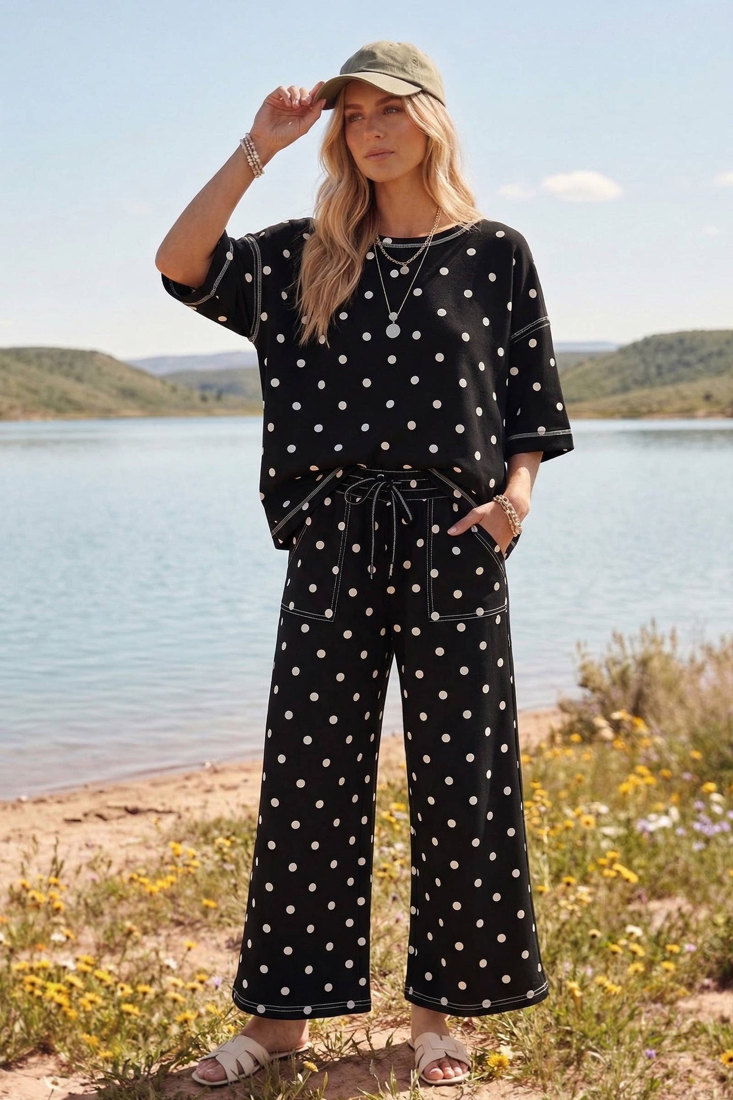 Scuba Polka Dot Lounge Set: BLACK/WHITE